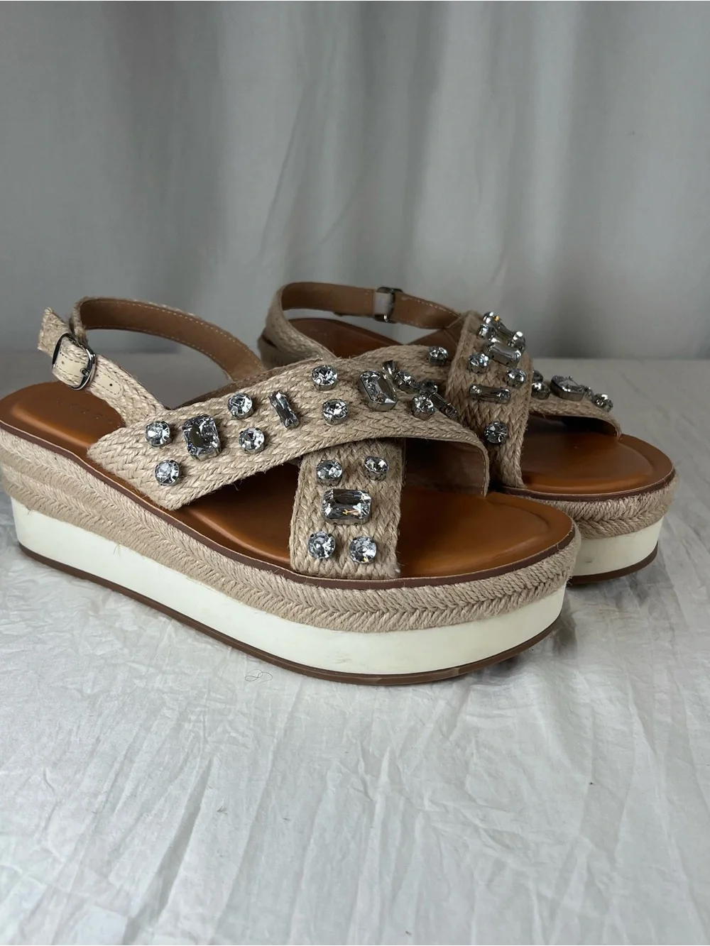 Copper Key Woven Strap Natural Beige Jeweled Platform Espadrille Sandals sz9.5